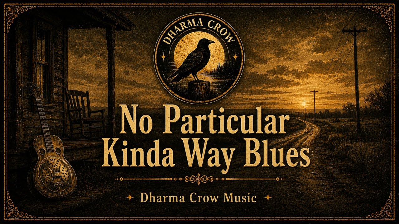 Cover plate for No Particular Kinda Way Blues: a resonator guitar leans against a dark porch beside a rocking chair, a dirt road and telegraph poles running out to a low sun, the crow roundel above the title in gold serif